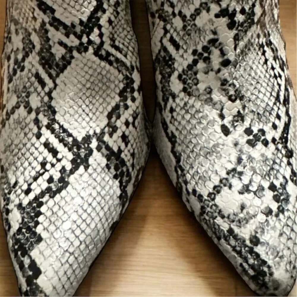 ShoeDazzle Women's Black White Gemini Snake Print Cone Heel Lace Back Booties